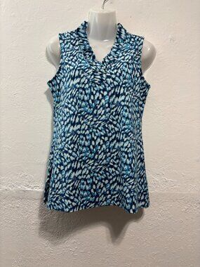 La Mer Luxe Augusta Top Sleeveless Resort Vacation Blue Abstract Ruffle V-neck S